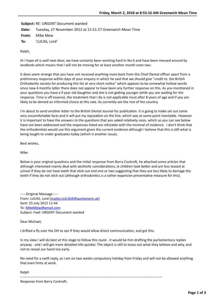 2012/11/27 Email to Lord Lucas of LORDS - Prevent Crooked Teeth Campaign