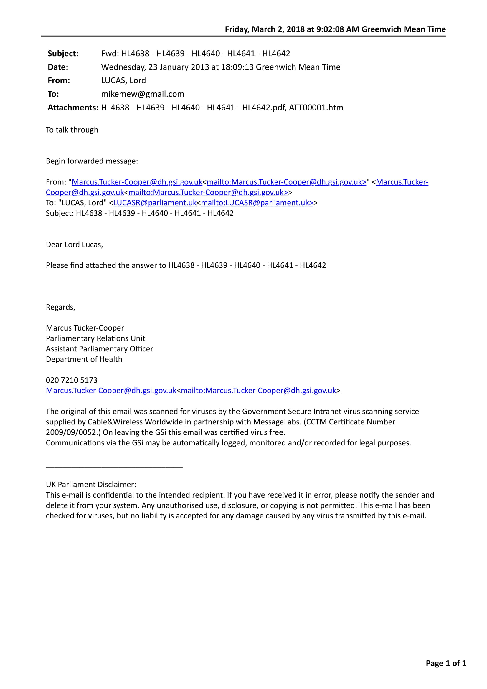 2013/01/23 A Email from Lord Lucas forwarding email form Marcus Tucker-Cooper